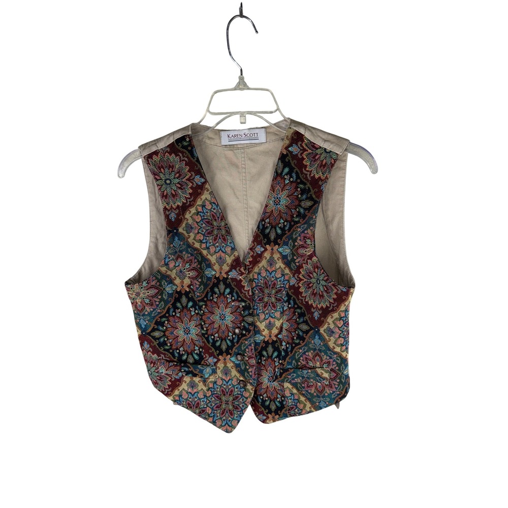 Karen Scott Vintage Tapestry Floral Vest Tan Cotton Back Cinch Tie Small